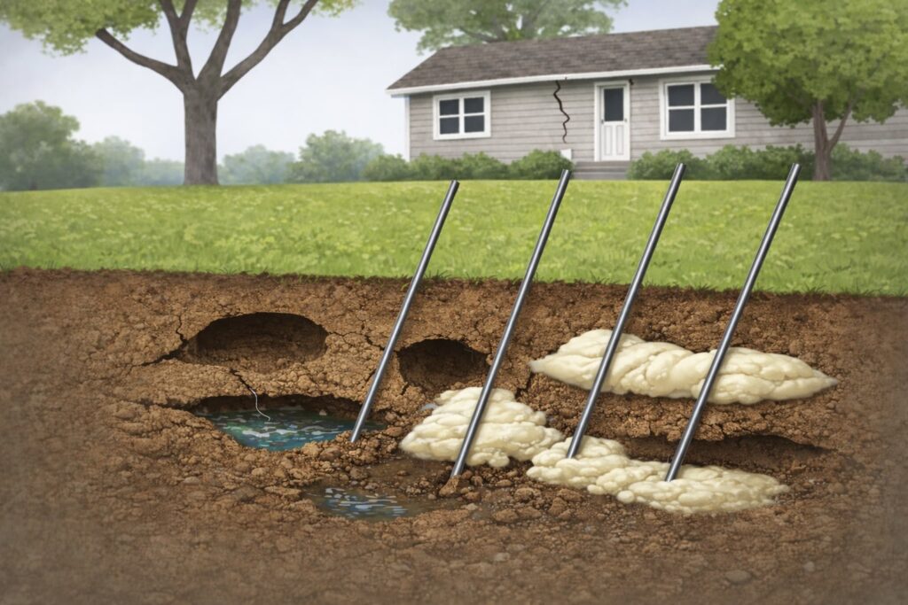 Soil stabillization and deep injection poly foam void filling